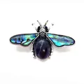Antique silver bee brooch with large oval purple gemstone and abalone shell wings - 41x57mm / Purple Crystal