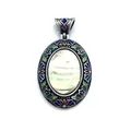 Oval silver pendant featuring iridescent abalone shell and colorful floral enamel - White Mother of Pearl