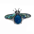 Bee-shaped brooch with blue gemstone and iridescent abalone shell wings on silver frame - 41x57mm / Blue Striped Agate