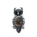 Silver owl brooch with grey shell inlay and sparkling eyes on a branch - 29x59mm, 15g / Black Mother of Pearl