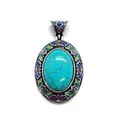 Oval bohemian pendant with turquoise stone inlay and colorful cloisonne enamel detail - Blue Turquoise