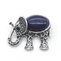 Broche de elefante vintage de metal plateado con piedra natural azul oscuro ovalada - 36x43mm / Lapislázuli Mejorado