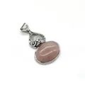 Pink oval quartz stone pendant with ornate silver filigree metal design - 2.8cmx4.7cm / Rose Quartz (No.7)