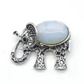 Vintage elephant brooch in silver finish with oval opal stone inlay for DIY fashion - 36x43mm / Milky Opal Style (No. 5)