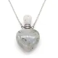 Close-up of heart-shaped natural grey stone perfume bottle necklace with silver chain - Flash Stone (Labradorite)