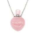 Detailed view of pink quartz heart-shaped perfume bottle pendant with silver chain - Rose Quartz