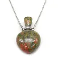 Heart-shaped natural green stone essential oil bottle necklace with silver chain - Unakite