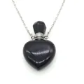Heart-shaped black stone perfume bottle necklace with a fine silver chain and metal screw cap - Black Agate