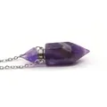 Natural amethyst hexagonal prism perfume bottle necklace with silver chain on white background - Purple Crystal