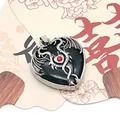 Gotischer Herzanhänger mit schwarzem Stein, silbernem Drachen und rotem Edelstein - Indischer Achat / 32x41mm