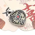 Silver heart dragon pendant featuring Dalmatian jasper stone and red gemstone accent - Dalmatian Jasper / 32x41mm