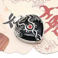 Gothic heart-shaped pendant with silver dragon relief and small red gemstone inlay - Black Agate / 32x41mm
