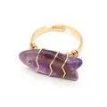 Dettaglio macro di pietra viola a forma di pesce su anello dorato regolabile - Ametista