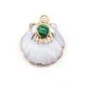 Scallop shell pendant with natural green malachite stone and gold plated trim finish - Malachite
