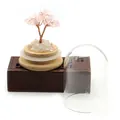 Detail of pink crystal money tree with wire branches on wooden base and glass dome - Rose Quartz & Citrine