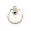 Natural white shell fan pendant with turquoise inlay and gold-plated metal edge - Blue Turquoise
