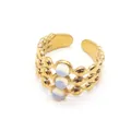 Macro view of triple-layered gold open ring featuring three luminous opal stones - One Size / Opal