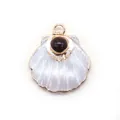 Scallop shell pendant with white shell inlay, gold trim and black bead detail - Black Agate