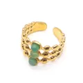 Detailed close-up of Egyptian style 18K gold ring with three layered bands and green beads - One Size / Green Aventurine