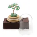 Miniature green gemstone money tree with golden wire and wood base under glass dome - Green Aventurine