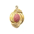 Vintage oval gold pendant with pink natural stone inlay and spiral textured frame - 15x23mm (ai-1 Piece/Pack) / Rhodonite