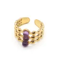 Adjustable golden multi-layer ring featuring three purple stones and wavy texture - One Size / Purple Crystal