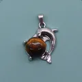 Detailed close-up of a silver dolphin pendant featuring a natural tiger eye stone ball - Tiger's Eye
