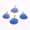 Set of four blue natural scallop shell pendants with gold plated edges for DIY jewelry making - Blue