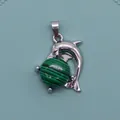 Elegant silver dolphin pendant with round green malachite stone and sparkling eye detail - Malachite