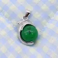 Silver dolphin-shaped pendant with a green natural stone bead for DIY necklaces - 14x23mm / Malay Jade