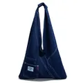 Dark blue denim tote bag with contrast stitching and rainbow space patch design - Dark Blue