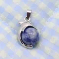 Silver dolphin pendant with natural blue sodalite bead and marble stone texture - 14x23mm / Blue Spot Stone