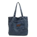 Retro washed blue denim tote bag with leather logo patch and sturdy shoulder straps - Dark Blue