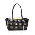 Sac cabas noir tissé à la main avec doublure crème à cordon et poignées fines - Noir