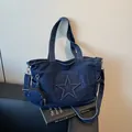 Dark blue denim tote bag with star stitching and a matching round coin purse - Dark Blue