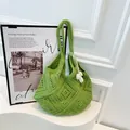 Green crochet tote bag with diamond knit patterns and white tulip charm detail - With Pendant / Green