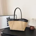 Large khaki suede and brown leather tote bag with a minimalist retro patchwork design - Khaki