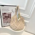 Chic cream crochet tote bag with geometric hollow patterns and tulip charm accessory - With Pendant / White