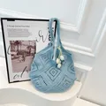 Minimalist light blue hollow knit tote bag with elegant white tulip charm accessory - With Pendant / Blue