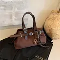 Retro deep brown suede tote bag with chocolate pendant and leather strap detail - With Pendant / Brown