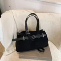 Minimalist black faux suede tote bag with leather belt detail and silver buckle - No Pendant / Black