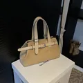 Retro beige suede handbag with cream leather straps and metal buckle accent - No Pendant / Khaki