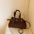 Dark coffee frosted suede handbag with vintage leather straps and silver buckle detail - No Pendant / Brown