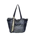 Vintage washed denim tote bag with contrast stitching and decorative silk scarf handles - Large Specification / Dark Blue
