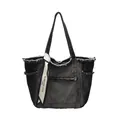 Vintage dark gray washed denim tote bag with raw edges and printed letter ribbon - Large Specification / Black