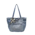 Light blue denim tote bag with frayed fringe trim and decorative printed silk scarf - Large Specification / Blue