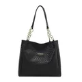Black woven leather tote bag with elegant golden chain strap and minimalist logo detail - Black