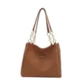 Brown woven tote bag for women featuring a stylish gold chain and leather shoulder strap - Brown