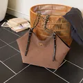 Deep brown quilted suede tote bag with golden twist lock and chain strap - Brown