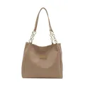 Khaki woven texture tote bag with gold chain handles and fashion metal plaque - Khaki
